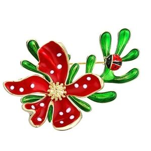 **QUINLAN* Red x Green Fashion Floral Ladybug Brooch